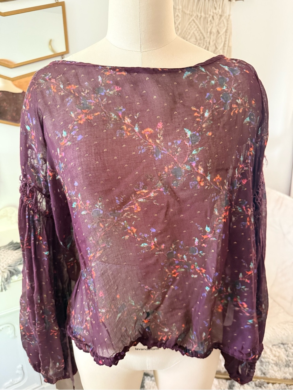 Free People Plum Floral Sheer Peasant Blouse